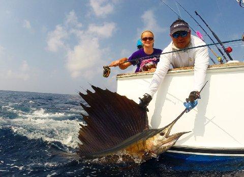 13 year old Isabel Weatherley catching her first Sailfish on Fly March 10 2014 Makaira with Captain Jason Brice The Sailfish School