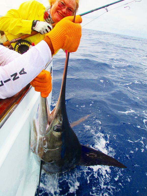 Elsie Releasing her first Blue MArlin on Fly, The Blue Marlin Fly Fishing School, vessel "Dragin Fly", Los Suenos Costa Rica