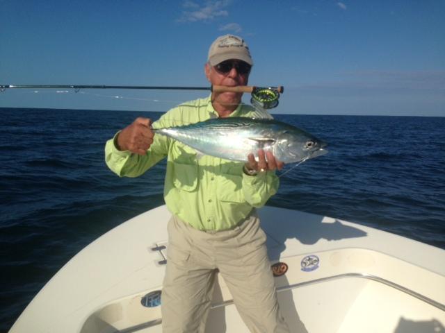 Albert Bruno angler,  "Vessel Fly Reel" Albie on Fly, Cape Lookout Region of NC, Captain Jake Jordan Photo, September 20, 2013