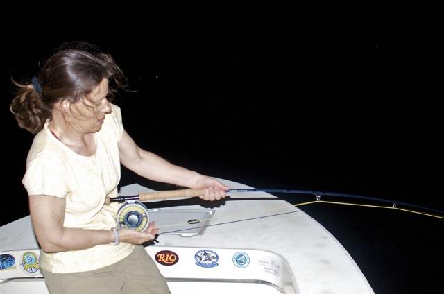 Sarah Gardner fighting big Keys Tarpon on fly