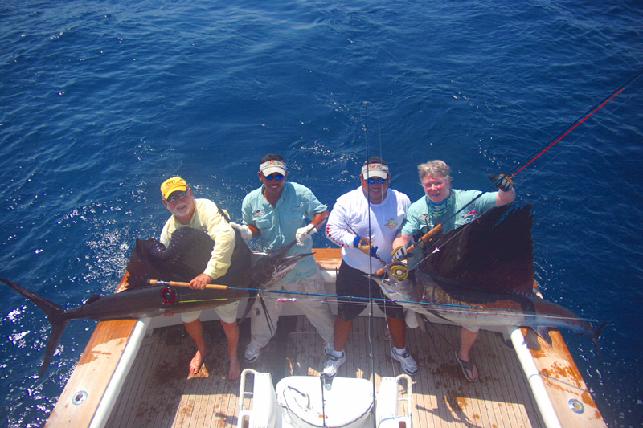 Sailfish School Double with anglers Danny Cline and Jake Jordan aboard Casa Vieja Lodge vessel Rum Line with Captain Chris Sheeder and mates Jeffrey and Ricardo, March 2009