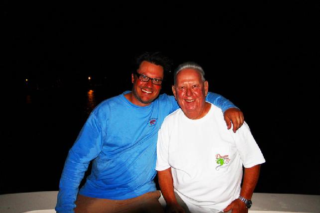 Josh Hayes and Jake in Tapon World, aboard Fly Reel, after 100 pound plus Tarpon on fly double catch and release,