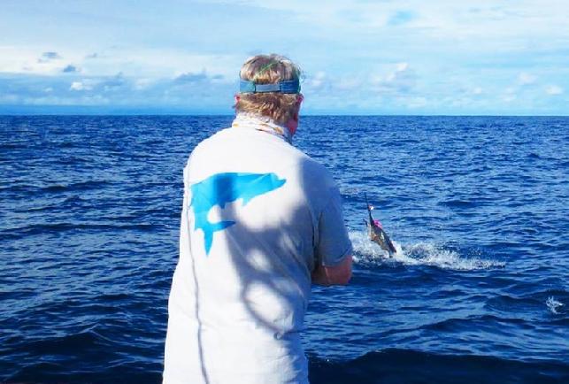 Danny Cline catching Blue Marlin on Fly at The Costa Ric Blue Marlin Fly Fishing School aboard Dragin Fly Jake Jordan Photo