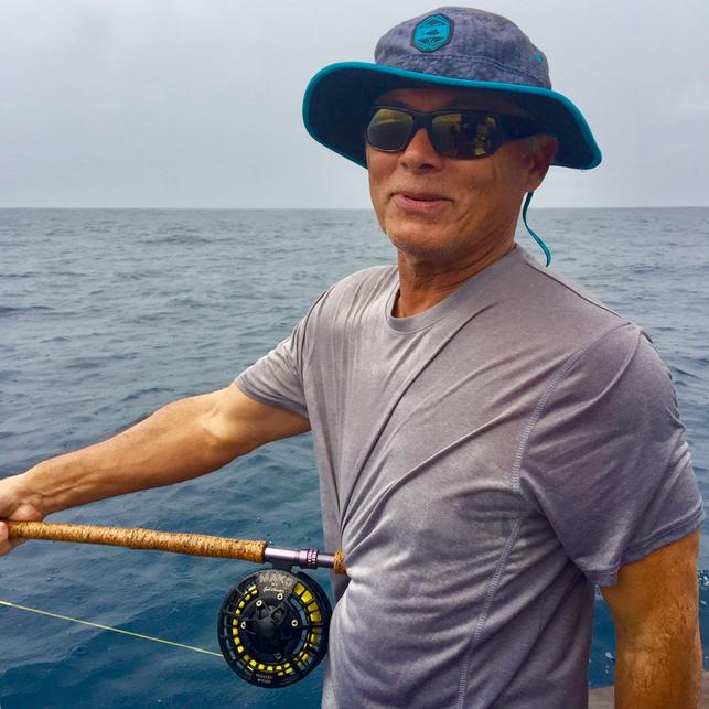 Forrest Young fighting his first ever Blue Marlin on fly, aboard Dragin Fly,  July 2017, The Blue Marlin Fly Fishing School